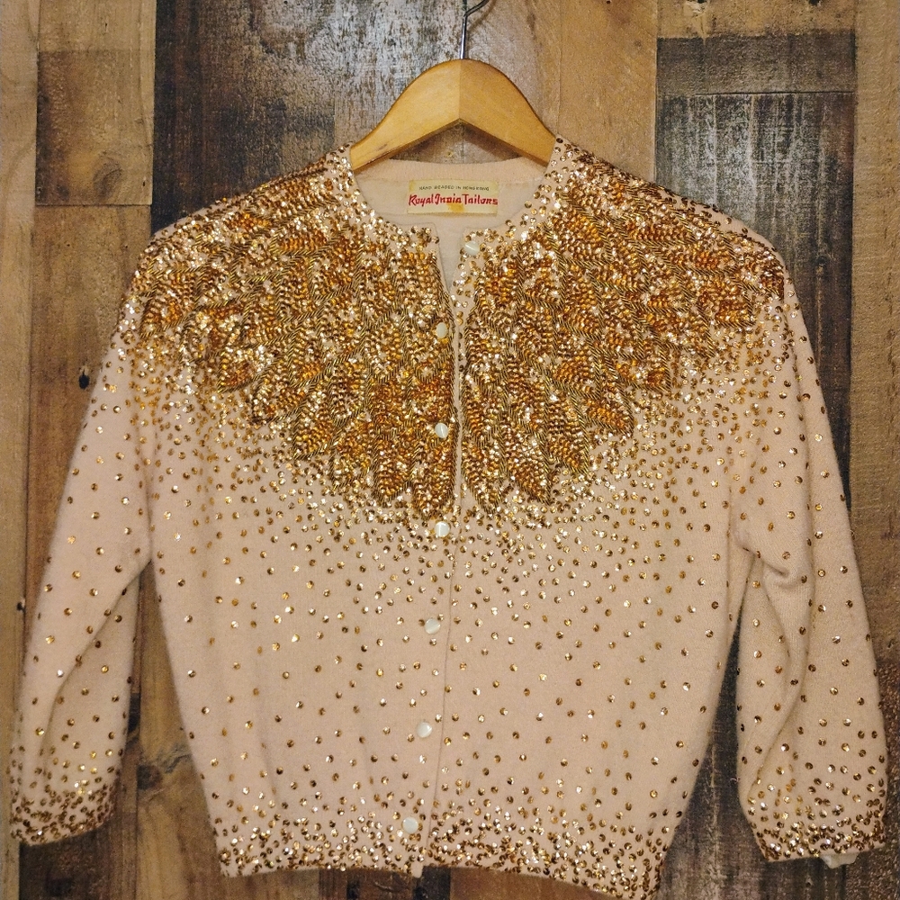 Vintage 60s 70s SEQUINED CARDIGAN Hand Beaded In Hong Kong Royal India Tailors